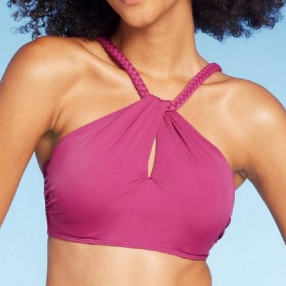 D Cup-Raspberry- criss cross front braid bikini top- Medium Pad